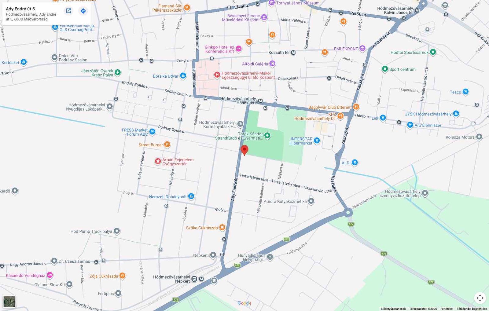 Térkép: 6800 Hódmezővásárhely, Ady Endre út 5.
